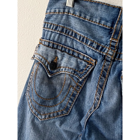 True Religion Big T Straight Flap Red Orange Stitch Distressed Denim Blue Jeans - Picture 8 of 16